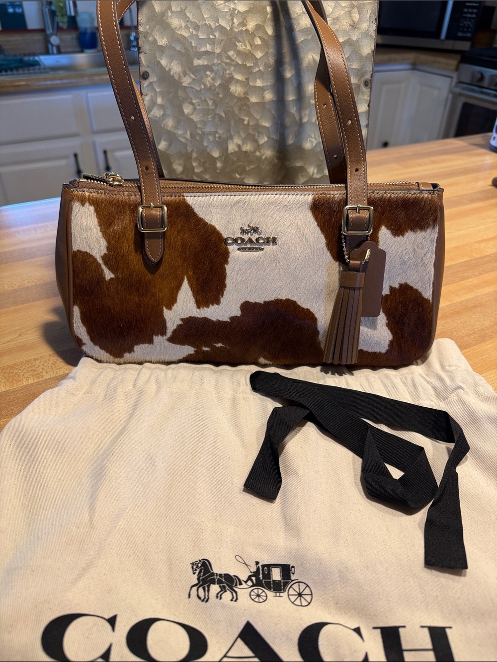 Coach Brown and White Haircalf Shoulder Bag with Leather Trim